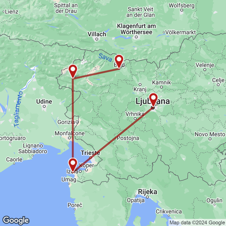 Route for Bled, Bovec, Piran, Ljubljana tour